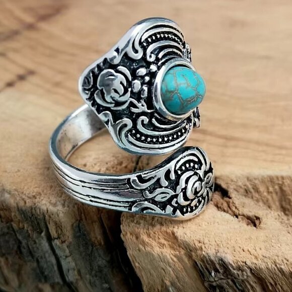 Boho Faux Turquoise Floral Adjustable Spoon Ring #1214 - Picture 3 of 8